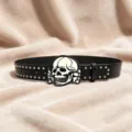 Gothic punk style black leather belt with silver metal rivet studs and bold skull buckle. - S / A Style Distressed Buckle Silver Rivet Belt