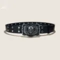 Black leather belt featuring double metal eyelets and a bold punk rock skull buckle. - Style H: 3.8cm Skull Buckle + Black Belt [Round Holes]