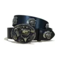 Cinturón de cuero negro estilo punk para hombre con hebilla metálica de calavera revólver - Estilo F-02 (Cráneo) / Talla S - 105 cm