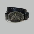 Vintage punk gothic leather belt with metal studs and unique skull moth buckle for women men. - G款 金扣枪钉腰带 105cm