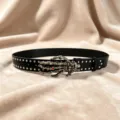 Punk style black leather belt featuring a unique metal skeleton hand buckle and silver studs. - Style D: 3.8cm Red Rhinestone & Silver Studded Belt