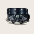 Retro punk style black leather belt with double star eyelets and metal skull buckle. - 105cm / Style G Skull (Star Hole)