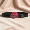 Punk gothic black leather belt with bold red skull metal buckle for edgy street style outfits. - S / A Style Shiny Buckle Gunmetal Rivet Belt