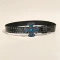 Black leather belt with metal studs and ornate blue stone cross buckle for punk style. - Style F (Silver Buckle Gun Nail Belt)