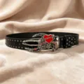 Punk style black leather belt with metal skull hand and red heart buckle for men and women. - Style E: 3.8cm Red Heart Buckle with Gunmetal Studs (3 Leather Loops)