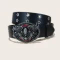 Retro punk skull metal buckle double grommet black leather waist belt fashion variant. - 105cm / Style H Wings (Star Hole)