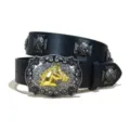 Western cowboy PU leather belt featuring a gold horse head buckle and skull rivet cross studs. - S / Model E-01 Silver Buckle Cross Rivet / Black