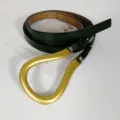 Dark green leather belt with gold horseshoe buckle, stylish waist-cinching accessory for coats. - Dark Green