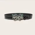 Punk rock style black leather belt featuring a bold double skull metal buckle and silver studs. - Style F: 3.8cm Silver Buckle + Silver Stud Belt / 105cm