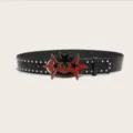 Black punk rock leather belt with double row silver metal studs and cool star buckle design. - 105cm / Style 2: 3.8cm Black Belt with Gold Buckle & Silver Studs