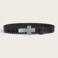 Black leather punk rock belt with metal cross buckle and rivet studs for hiphop style. - 105cm / Style 1: 3.8cm Black Belt with Silver Buckle & Gunmetal Studs (3 Loops)