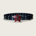 Punk style black leather belt featuring a striking red star metal buckle with eyelet studs. - Style C: 3.8cm Red Flower Enamel Buckle + Star Hole Black Belt