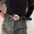 Punk Style Black Leather Belt with Metal Skull Buckle Gothic Waistband Clothing Accessory - Style D: 3.8cm Silver Buckle + Gunmetal Stud Belt (3 Leather Loops) / 105cm