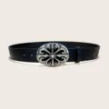 Ceinture en cuir noir avec boucle croisée en argent vintage et motif floral gaufré. - Style J : boucle argentée vieillie 3,8 cm et ceinture noire