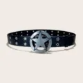 Punk style black leather belt with large silver star buckle and star eyelets for women y2k - Style D: 3.8cm Antique Silver Buckle + Star Hole Black Belt