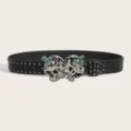 Punk gothic black leather belt with silver double skull dagger buckle and metal studs - Style F: 3.8cm Silver Buckle + Gunmetal Stud Belt (3 Leather Loops)