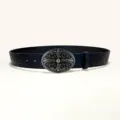Ceinture en cuir noir style cowboy retro avec boucle ovale en metal argente motif croix. - Style S : boucle argent vieilli 3,8 cm + ceinture noire