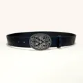 Ceinture en cuir gaufré vintage avec boucle métallique en croix argentée ornée. - Style R : boucle argent vieilli 3,8 cm et ceinture noire