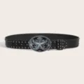 Punk rock style leather belt featuring metal studs and a vintage star engraved oval buckle for daily wear. - Style 6: 3.8cm Silver Buckle + Black Gunmetal Studded Belt [3 Loops]