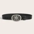 Punk rock style black leather belt with metal studs and ornate silver star buckle for daily wear. - Style 7: 3.8cm Silver Buckle + Black Gunmetal Studded Belt [3 Loops]