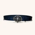 Ceinture en cuir gaufré style western rétro avec boucle vintage en argent lion et croix. - Style N : boucle argent vieilli 3,8 cm et ceinture noire