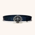 Ceinture en cuir gaufré avec boucle croix et crâne gothique pour homme femme style mode - Style O : boucle argent vieilli 3,8 cm et ceinture noire