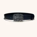 Ceinture en cuir noir gaufré avec boucle argentée tête de mort croix pour hommes et femmes - Style P : boucle argent vieilli 3,8 cm et ceinture noire