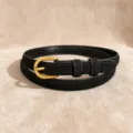 Black leather belt for women, vintage gold pin buckle thin waistband for dress jeans. - Style B Gold Buckle Suede-Feel / Black
