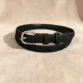 Women black suede thin belt with silver metal pin buckle, elegant retro waist accessory. - Style B Silver Buckle Suede-Feel / Black
