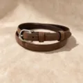 Brown suede women belt with metal buckle, retro slim waist strap for dresses and jeans style. - Style B Silver Buckle Suede-Feel / Coffee