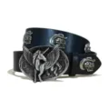 Cinturón de cuero negro estilo punk con hebilla de unicornio alado y tachuelas de calavera. - Estilo G-02 (Cráneo) / Talla S - 105 cm