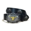 Western cowboy leather belt with bull buckle and skull studs for men and women fashion accessory. - S / Model F-01 Silver Buckle Cross Rivet / Black