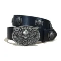 Cinturón de cuero punk gótico para hombre con hebilla de calavera alada y tachuelas - Estilo H-01 (Tachuela de Cruz) / Talla S - 105 cm