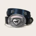 Stylish black PU leather belt featuring silver flower studs and western cowboy buckle. - Style A-01 Black Belt (Flower Rivet) / Size S-105cm / Silver Buckle