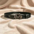 Black punk style leather belt with unique skull hand buckle and metal studs for fashion. - Style E: 3.8cm Black Heart Buckle with Gunmetal Studs (3 Leather Loops)