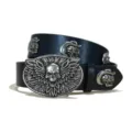 Cinturón de cuero punk para hombre con hebilla de calavera metálica y tachuelas. - Estilo H-02 (Cráneo) / Talla S - 105 cm