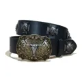 Men women western cowboy PU leather belt skull longhorn buckle gothic rivet strap - S / Model G-01 Gold Buckle Cross Rivet / Black