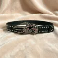 Gothic punk style black leather belt with metal stud details and unique skeleton hand buckle. - Style E: 3.8cm Black Heart Buckle with Silver Studded Belt