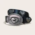Western cowboy style PU leather belt with oval metal buckle and heart rivets for jeans. - Style A-02 Black Belt (Heart Rivet) / Size S-105cm / Silver Buckle