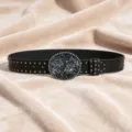 Ceinture cloutée en cuir noir élégante avec boucle métallique vintage complexe pour femmes. - Style C Boucle Lettre Ceinture Rivet Gunmetal