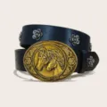 Western cowboy style oval horse buckle floral rivet PU leather belt for men women trendy - Style B-01 Black Belt (Flower Rivet) / Size S-105cm / Gold Buttons