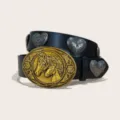 Western vintage PU leather belt with gold oval double horse buckle and silver heart metal rivets. - Style B-02 Black Belt (Heart Rivet) / Size S-105cm / Gold Buttons