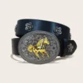 Western cowboy style belt black PU leather with gold horse oval buckle and flower rivets variant - Style C-01 Black Belt (Flower Rivet) / Size S-105cm / Silver Buckle