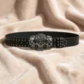 Ceinture en cuir noir style gothique punk Y2K avec boucle triple tête de mort et rivets pour femmes - Style E Boucle Vieillie Ceinture Rivet Gunmetal