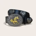 Western vintage style black PU leather belt featuring large oval horse buckle and heart studs. - Style C-02 Black Belt (Heart Rivet) / Size S-105cm / Silver Buckle