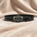Ceinture en cuir cloutée à triple tête de mort gothique, accessoire de taille punk noir. - Style E Boucle Vieillie Ceinture Rivet Argent