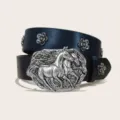 Western cowboy PU leather belt with silver floral rivets and large oval horse buckle variant. - Style D-01 Black Belt (Flower Rivet) / Size S-105cm / Silver Buckle