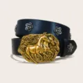 Black western style horse buckle rivet belt with floral studs, vintage design variant - Style D-01 Black Belt (Flower Rivet) / Size S-105cm / Gold Buttons