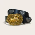 Western cowboy PU leather belt with gold running horse buckle and silver heart rivets, black. - Style D-02 Black Belt (Heart Rivet) / Size S-105cm / Silver Buckle