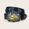 Western style black PU leather belt with ornate gold horse head buckle and flower studs. - Style E-01 Black Belt (Flower Rivet) / Size S-105cm / Silver Buckle